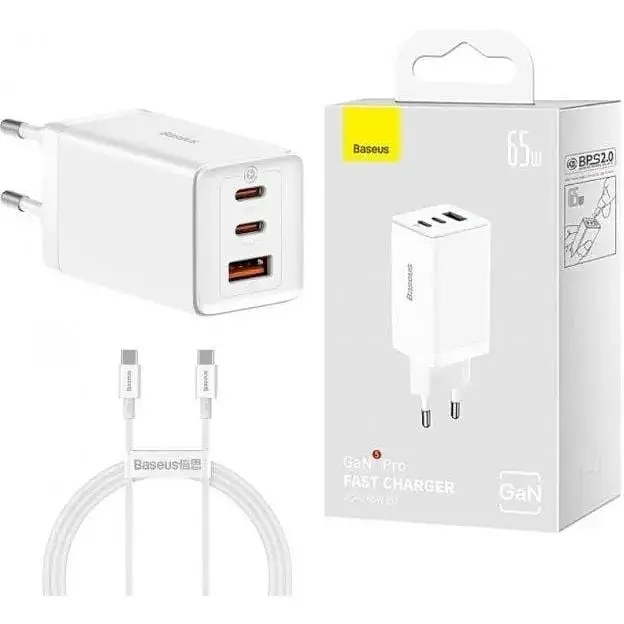 Мережевий зарядний пристрій Baseus GaN5 Pro Fast Charger 2C + U 65W White Type-C to Type-C (CCGP120202) - фото 3