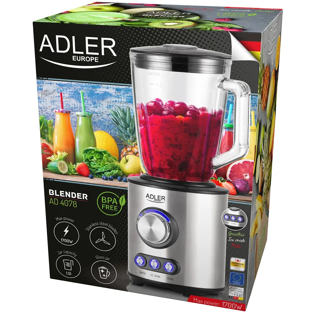 Блендер Adler AD 4078 стаціонарний 1700Вт/ 2 швидк./ Ice Crush/ чаша для змішування 1500мл/ срібляст - фото 6