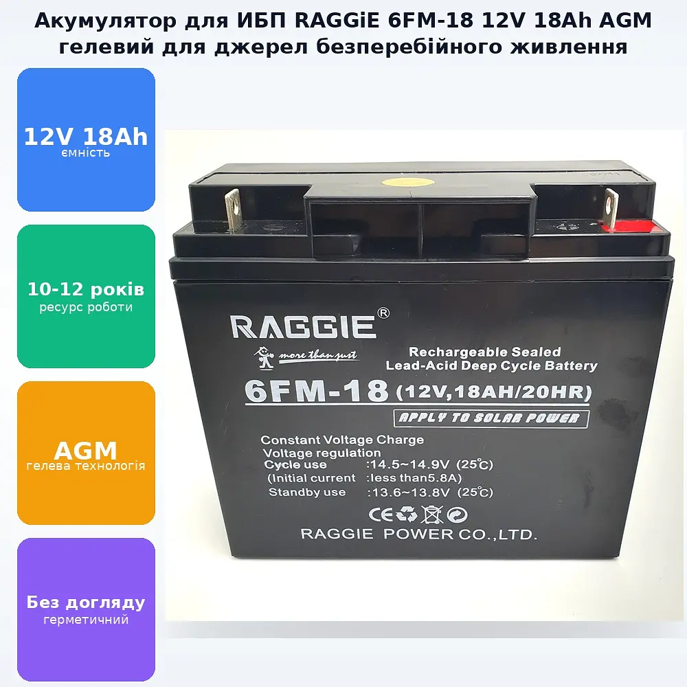 Акумуляторна батарея до ДБЖ 12В 18Ач акумулятор AGM 12v 18A RAGGiE 6FM-18 (12V,18AH/20HR) - фото 2
