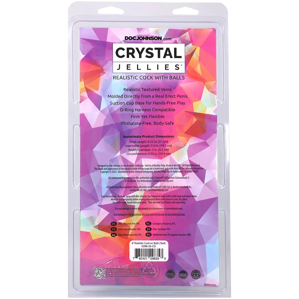 Фалоімітатор Doc Johnson Crystal Jellies, 20 см, з мошонкою, бірюзовий - фото 5