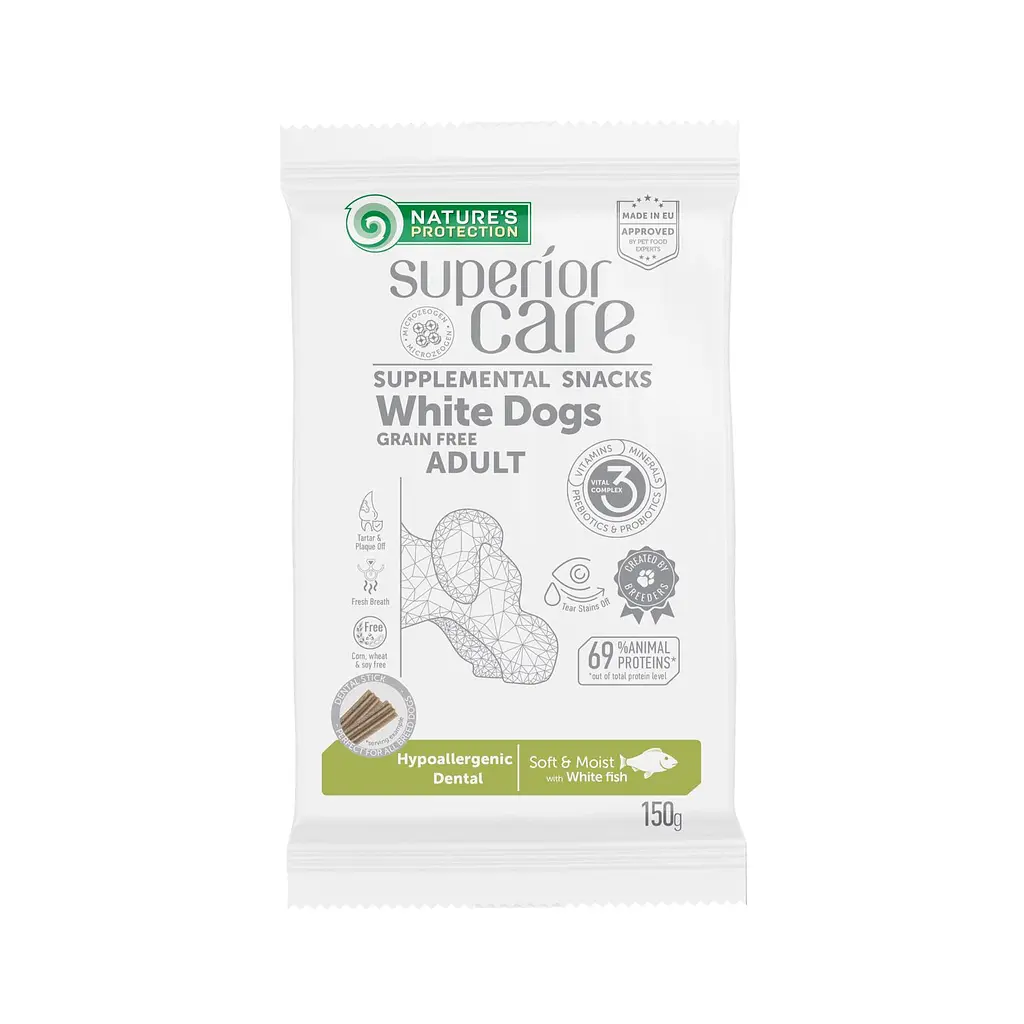 Беззернові ласощі для білих собак Nature's Protection SC White Dogs Hypoallergenic & Dental Care, 150 г