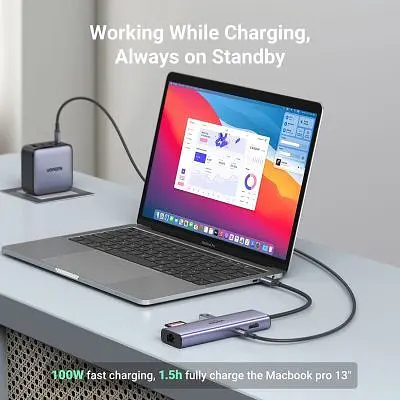 Концентратор Ugreen USB3.1 Type-C to HDMI/USB 3.0x2/RJ45/SD/TF/PD 100W CM512 (60515) - фото 7