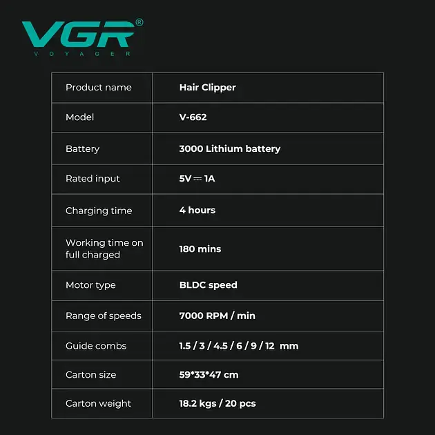 Аккумуляторная машинка для стрижки VGR V-662 Green, 7000 RPM, 6 насадок, LED дисплей - фото 3
