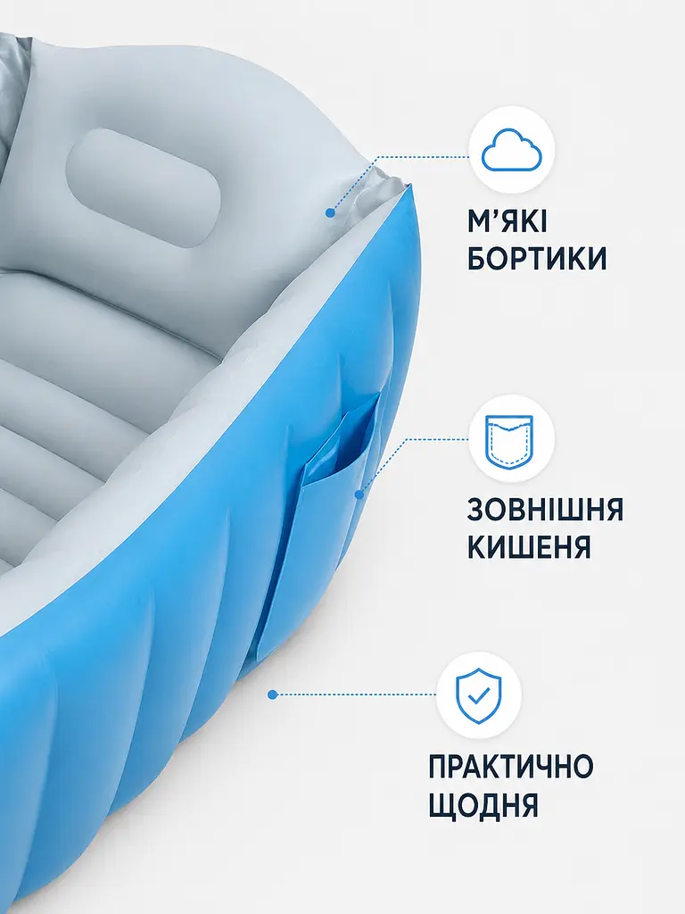 Надувна ванна для купання дитини 98×65×28 см із м’яким дном, підголівником і насосом, блакитна (49676320) - фото 7