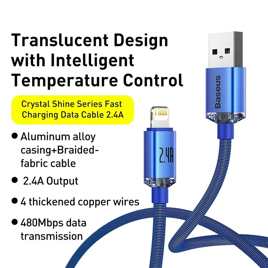 Кабель Baseus Crystal Shine Series Fast Charging Data Cable USB to iP 2.4 A 2 m Blue (CAJY000103) - фото 2