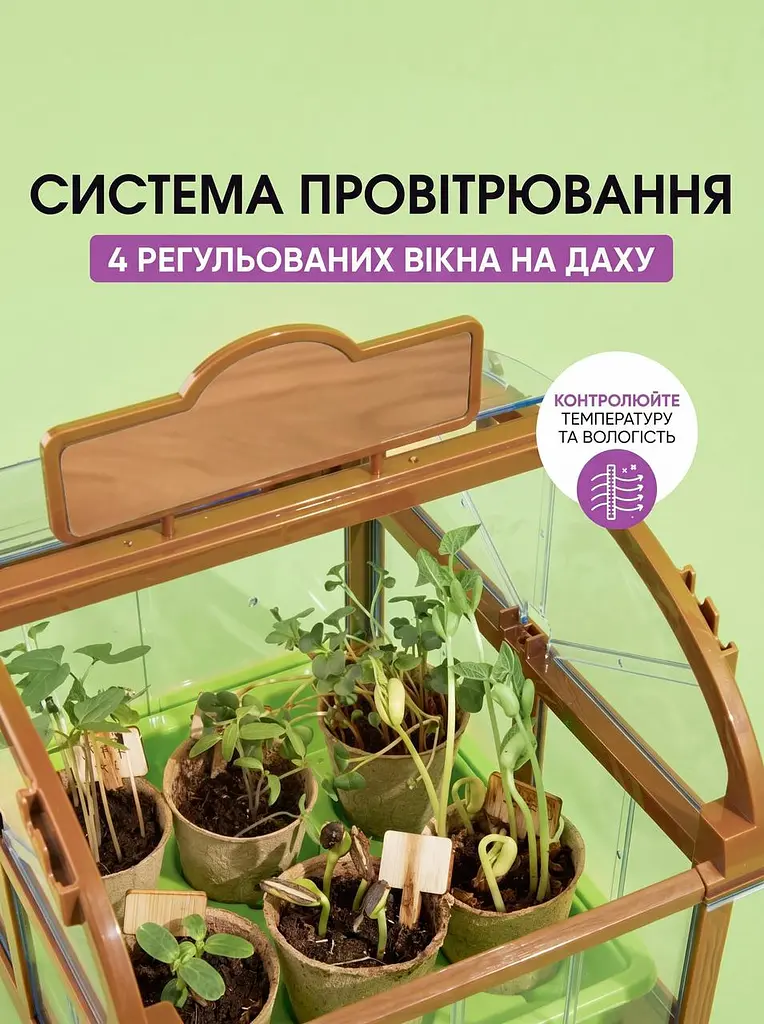 Дитячий набір для вирощування рослин з насінням: Домашня міні-теплиця, 6 видів насіння та інструменти, зелений (4805048197) - фото 3