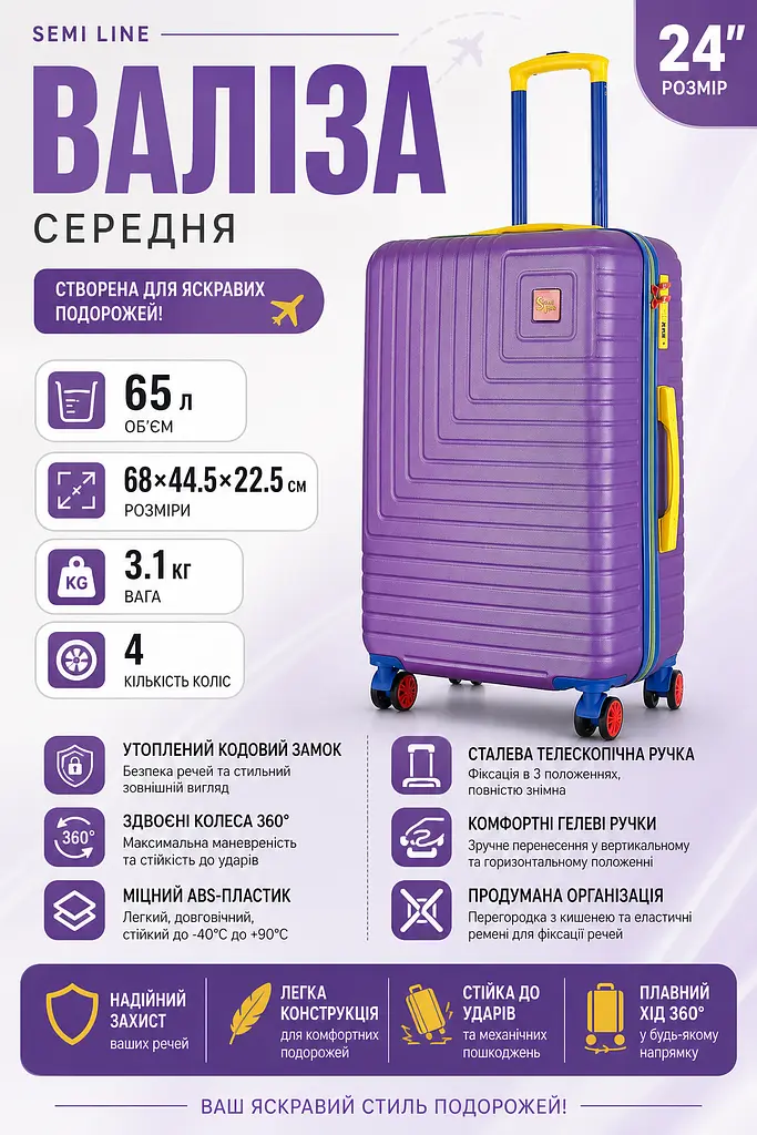 Валіза середня Semi Line T5940-2 ABS-пластик 24 дюйми 65 л Фіолетовий - фото 3