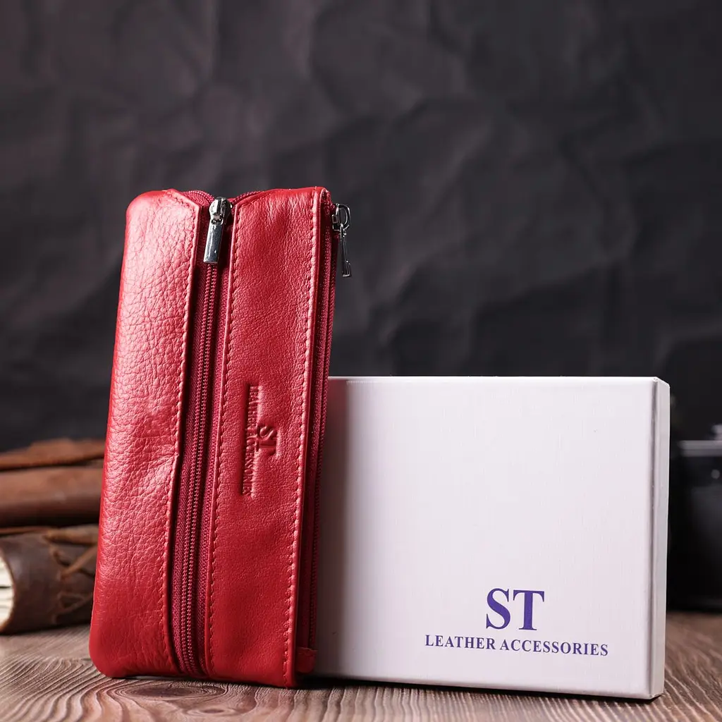Яскрава шкіряна ключниця на блискавці ST Leather 22557 червона - фото 9