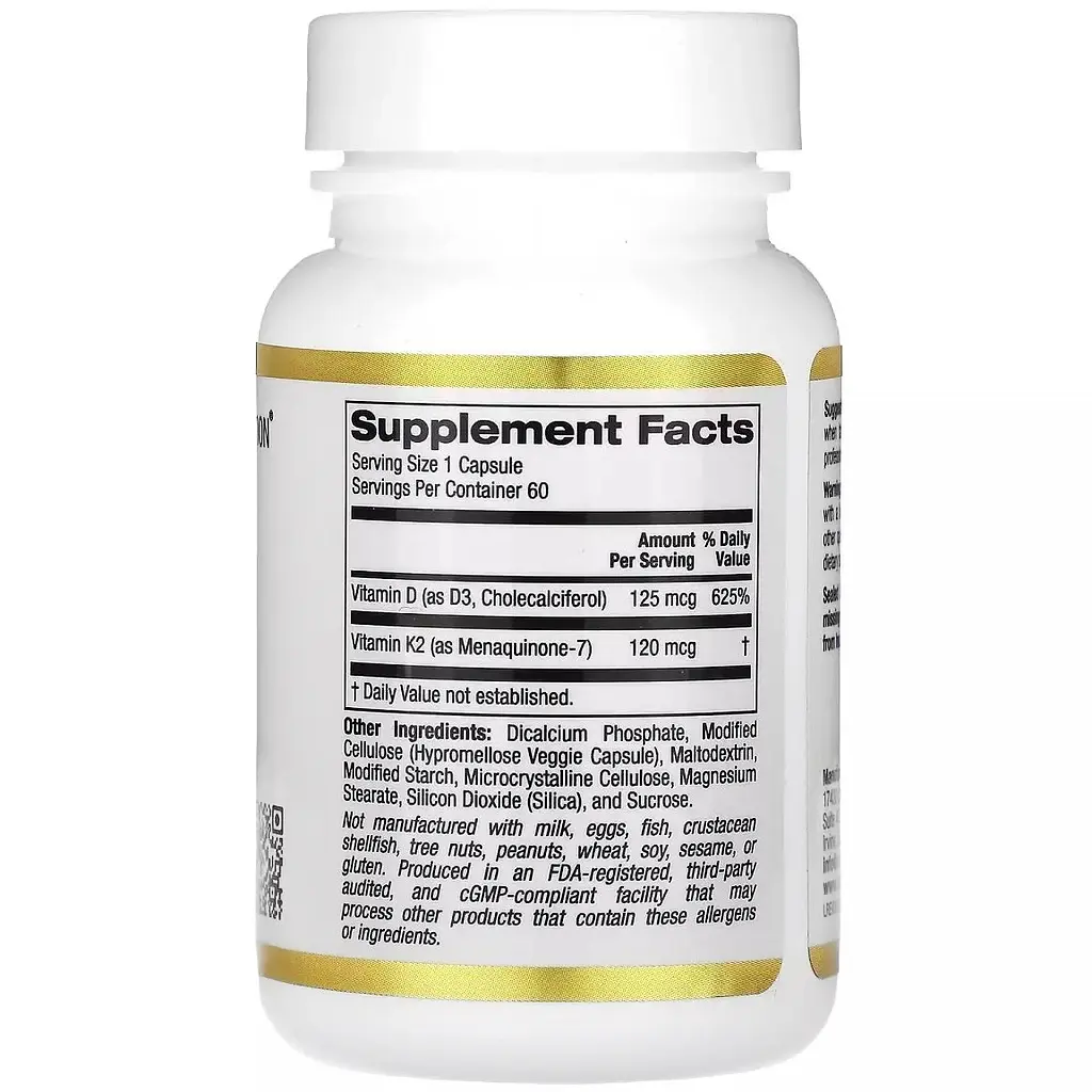 Вітамин D3+K2 California Gold Nutrition Vitamin D3+K2 60 вегетаріанських капсул - фото 2