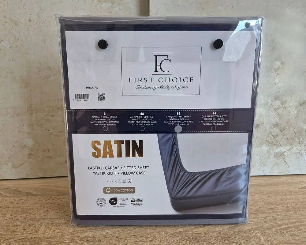 Турецьке простирадло на резинці First Choice 160х200х30 + 2 наволочки 50х70 сатин Dark Grey - фото 3