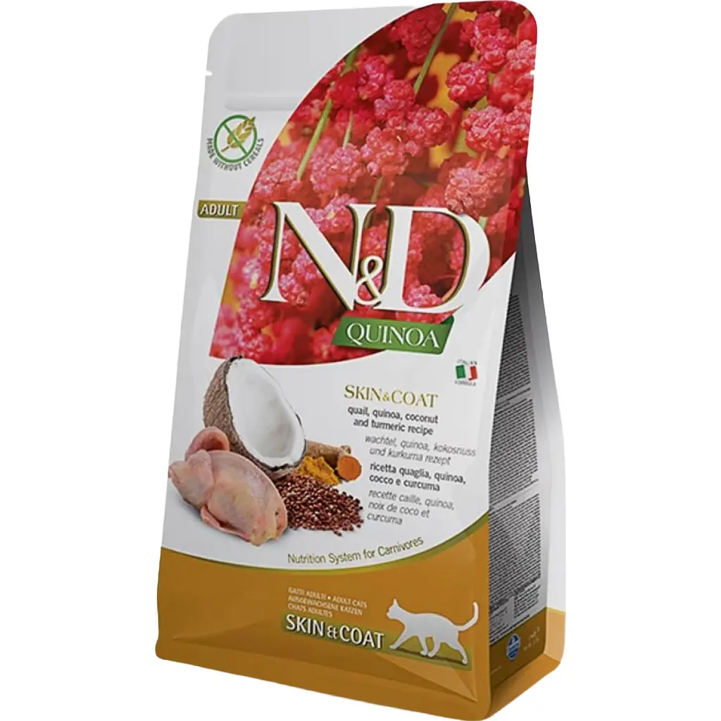 Беззерновий сухий корм для котів для шкіри та шерсті Farmina N&D Quinoa Skin & Coat Quail, Quinoa, Coconut & Turmeric Adult із перепілкою, кіноа, кокосом та куркумою 300 г