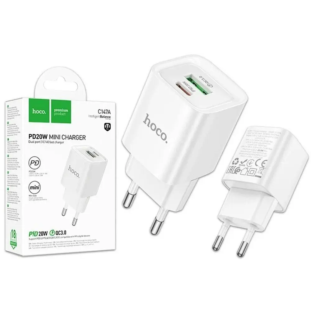 Мережевий зарядний пристрій Hoco C147A Charm на 2 виходи 1хUSB / 1хType-C 20W з швидкою зарядкою