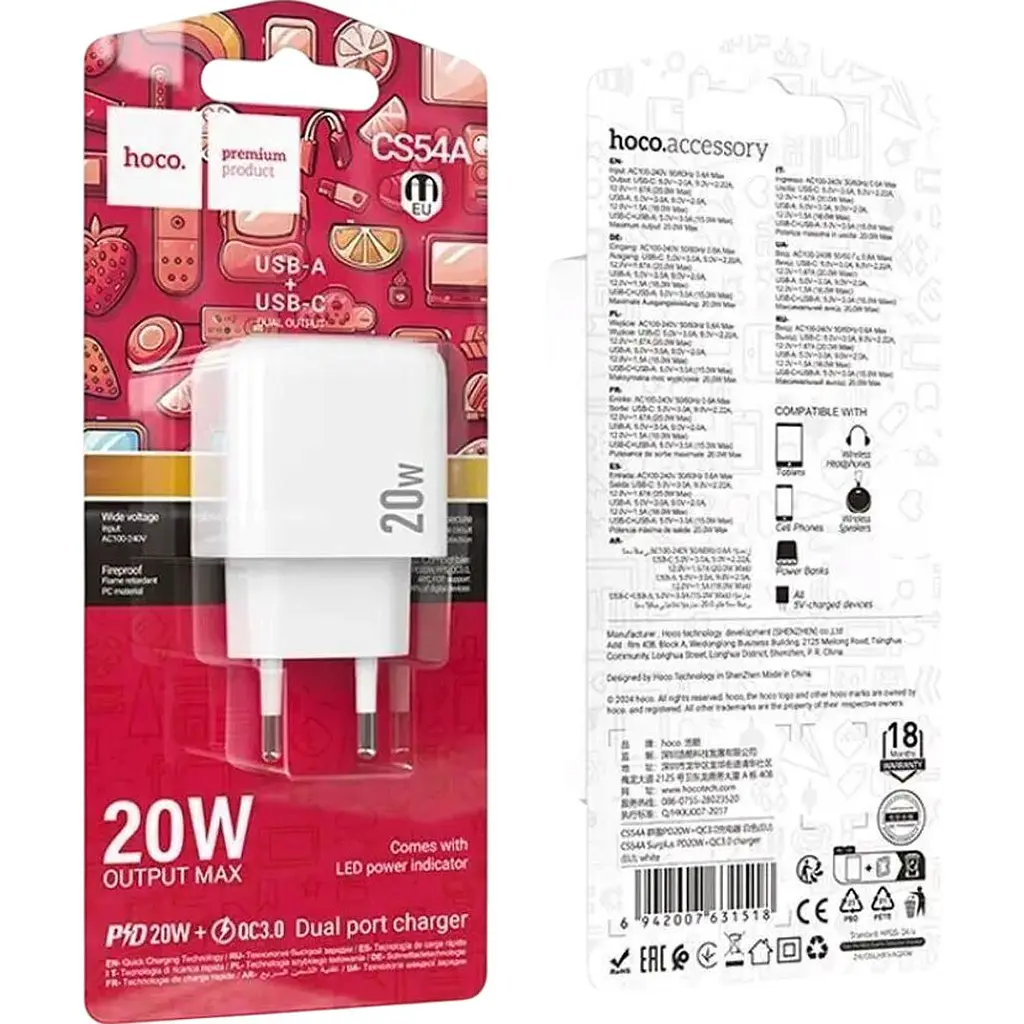 Мережевий зарядний пристрій Hoco CS54A Surplus PD20W+QC3.0 White (6942007631518) [173056] - фото 7