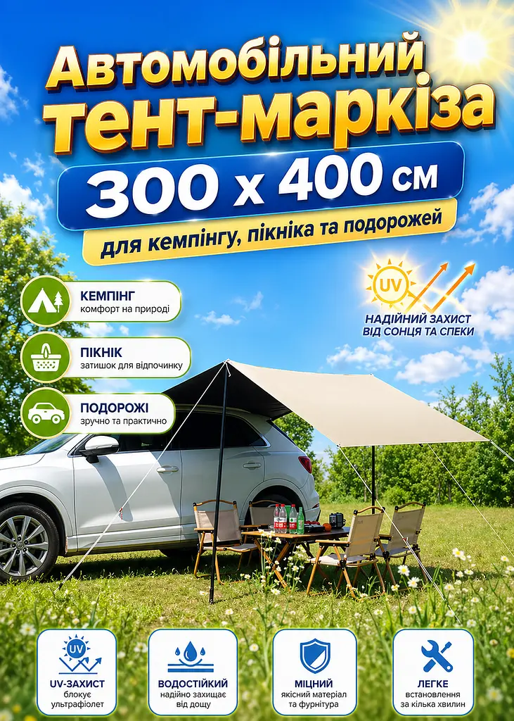 Тент-маркіза для автомобіля кемпінгова 300 x 400 см навіс для пікніка та відпочинку на природі (49675864) - фото 2