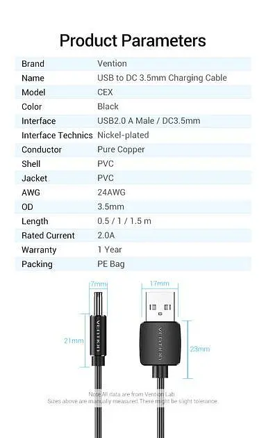 Кабель Vention 1м DC 3.5мм - USB 5V 2A для ламп, вентиляторів, USB хабів та ін. USB Type A на 3.5мм х 1.35мм - фото 8