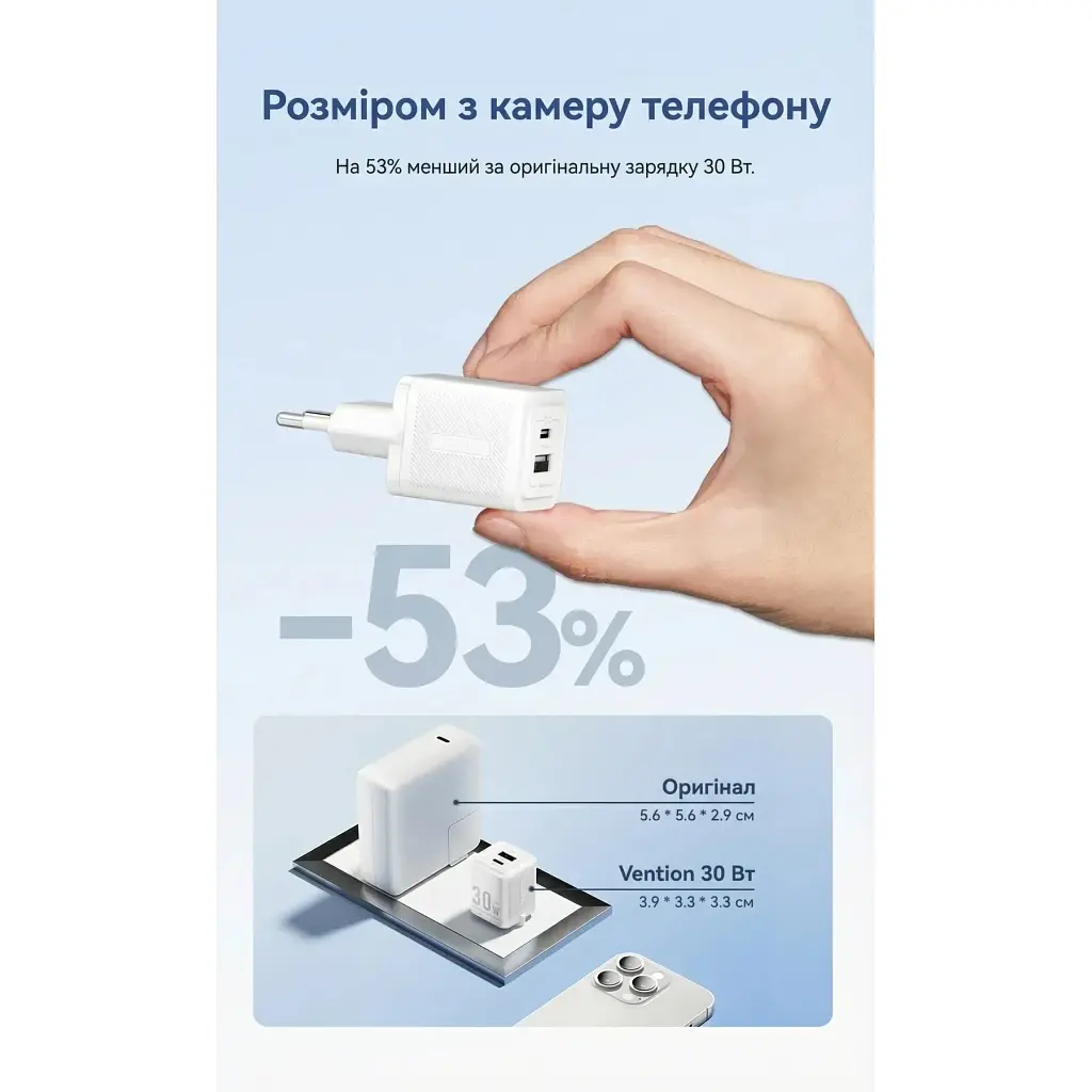 Зарядний пристрій Vention 1xUSB-C PD 30 Вт + 1xUSB QC 3.0 30 Вт GaN + кабель USB-C — USB-C 1.0 м білий (TZ-FEQW0-EU-01) - фото 6