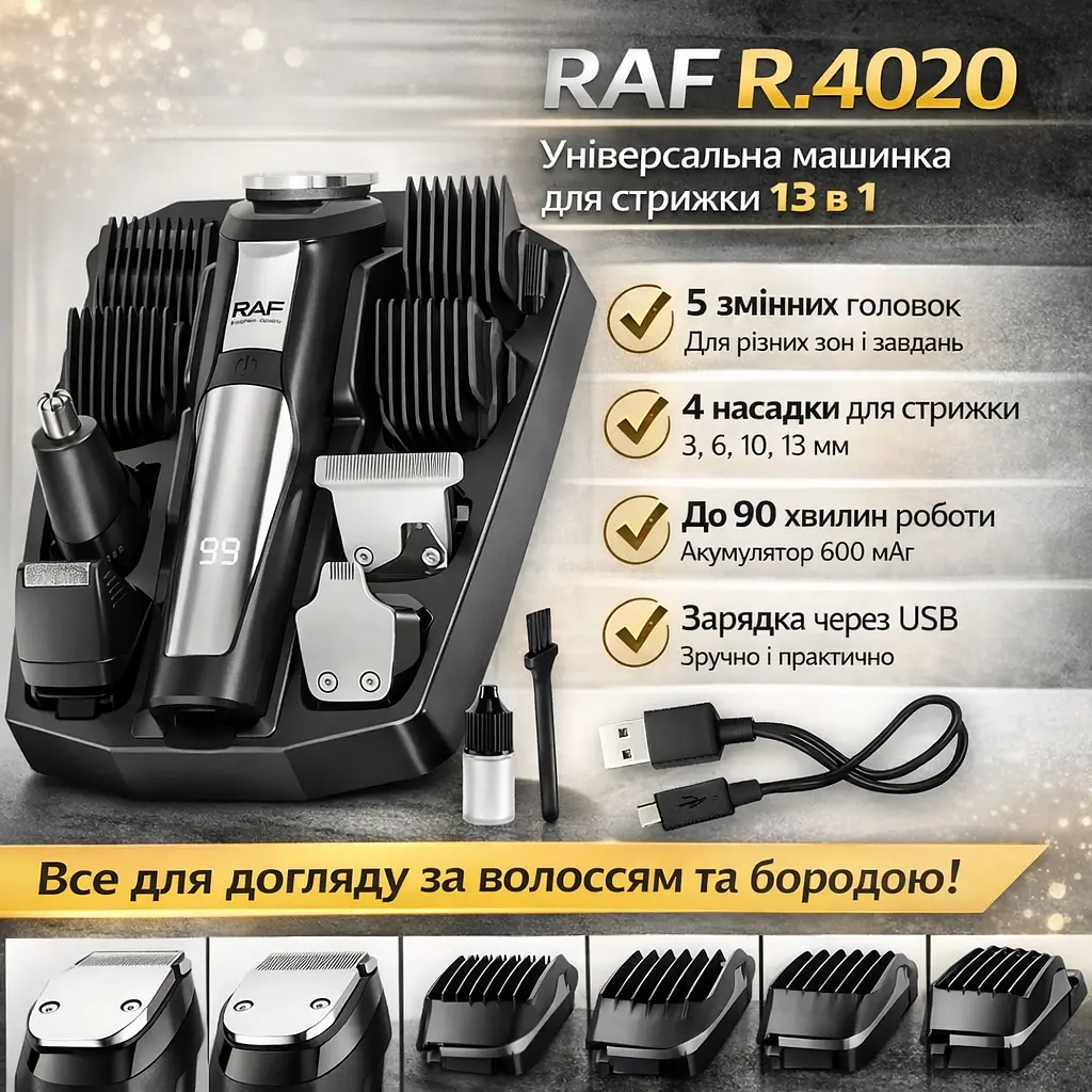 Акумуляторна машинка з 5 змінними головками та 4 насадками для стриження RAF R.4020 - фото 2