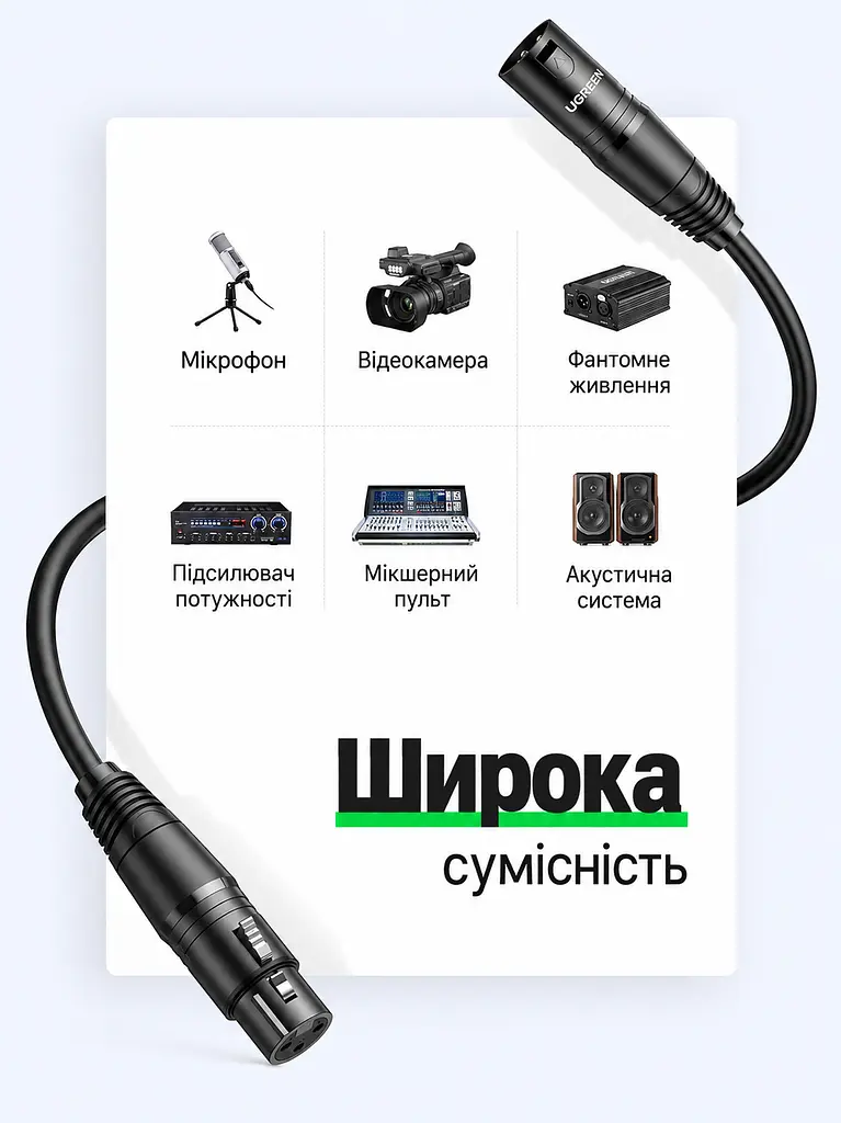 Микрофонный кабель UGREEN AV130 3 м удлинитель XLR 3-pin штекер и гнездо для балансного аудиосоединения с многослойным экранированием с фиксатором разъёма с медными жилами чёрный (20711) - фото 4
