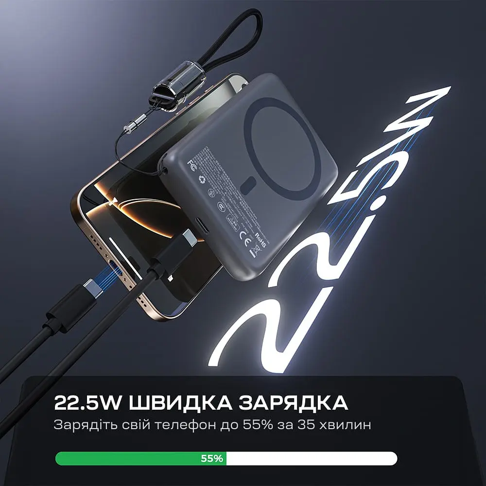 Повербанк 10000mAh Choetech B862 Grey 22.5W QC3.0 PD3.0 бездротова магнітна зарядка MagSafe (43-00168) - фото 6