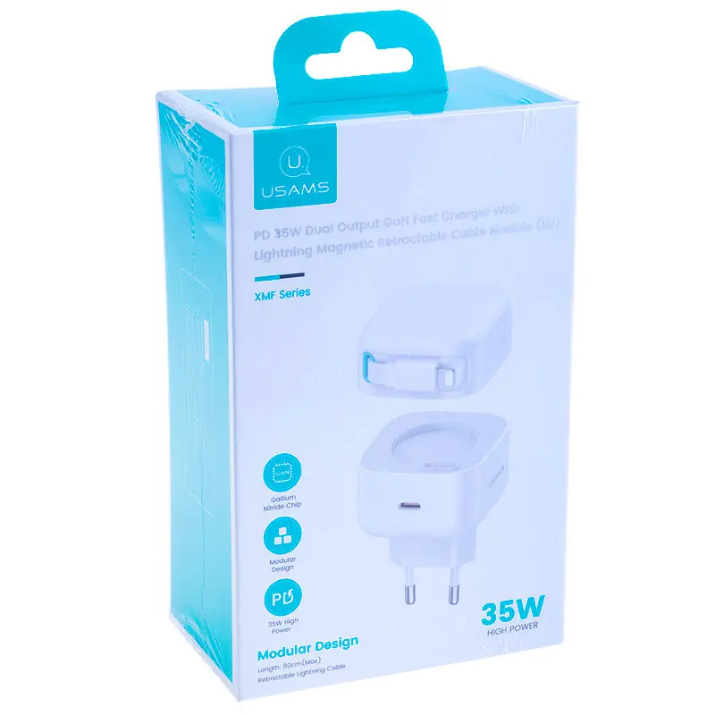 СЗУ Usams US-CC209 GaN With Lightning Magnetic Retractable Cable Module XMF Ser. 35W (2USB-C) White - фото 6