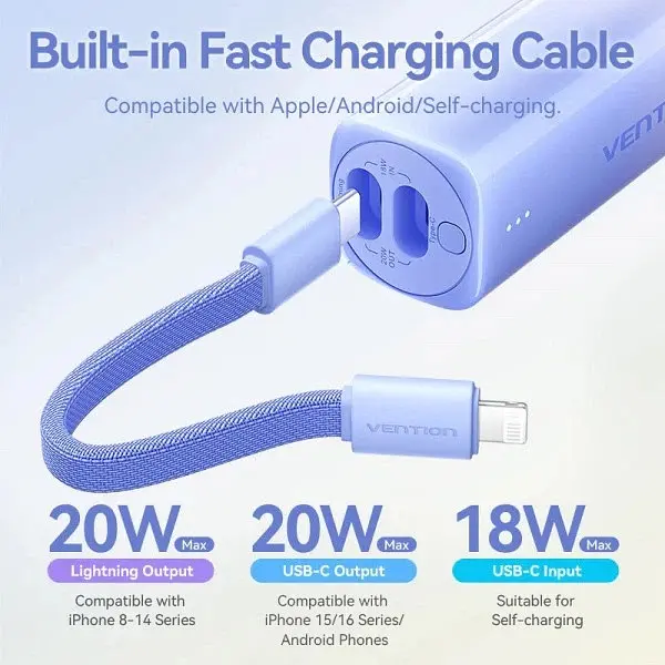 Зовнішній акумулятор Vention 5000mAh 20W PD USB-C Увімк. - фото 5