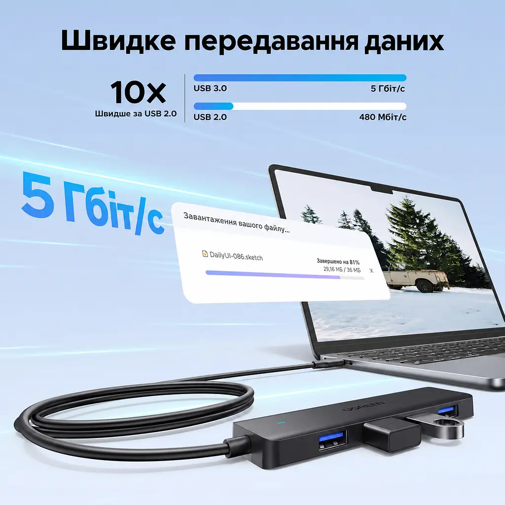 USB-хаб UGREEN CM219 USB-концентратор вхід USB-C та 4 виходи USB-A USB 3.2 Gen 1 теоретично до 5 Гбіт/с без драйверів у Windows macOS Linux з вбудованим кабелем 1 м чорний (75582) - фото 4
