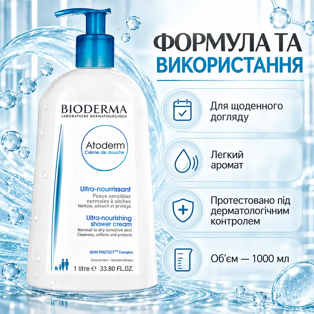 Крем-гель для душу BIODERMA Atoderm Ultra-Nourishing живильний зволожувальний засіб для сухої та чутливої шкіри 1 л - фото 4