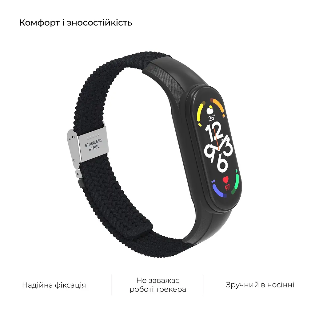 Ремінець для Xiaomi Mi Band 7/6/5/4, Braided Solo Loop, чорний, нейлоновий плетений браслет, еластичний змінний ремінець для фітнес-трекера з надійним кріпленням, ArmorStandart (ARM69902) - фото 4