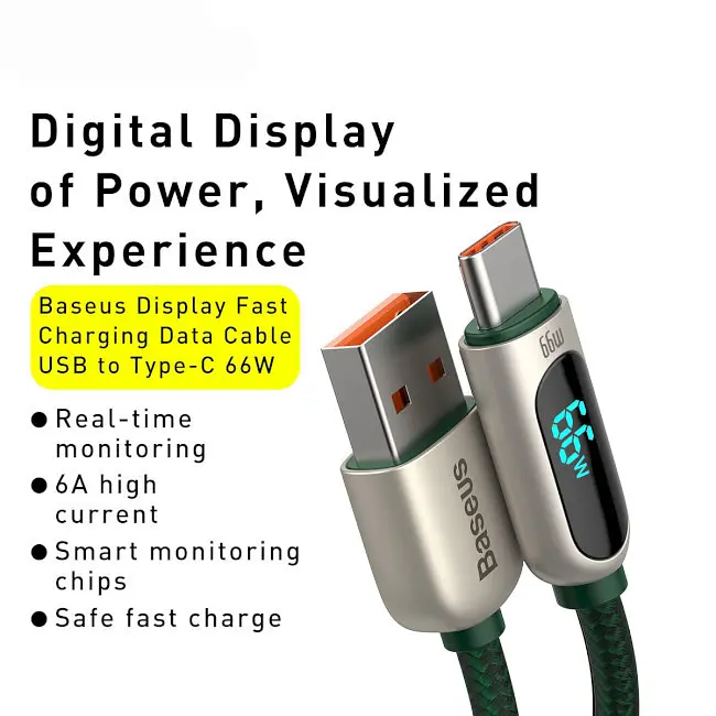 Кабель Baseus Display Fast Charging Cable USB to Type-C 66W 2m CASX020106 Green - фото 2