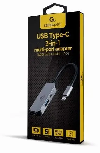 Хаб USB "3-in-1", Grey, Type-C 3.1 - 1xType-C (87 Вт) / 1xUSB 3.1 / HDMI 4K Cablexpert teh0019587 - фото 2