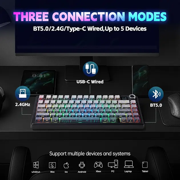 Игровая механическая клавиатура Aula F75 Max / Три режима подключения / LEOBOG Reaper Switch / Black Contour Lines - фото 5