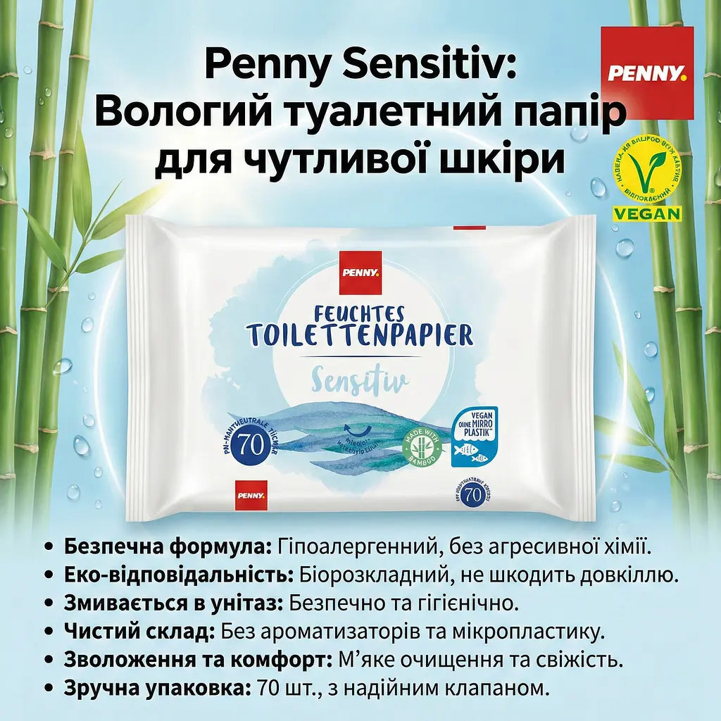 Вологий туалетний папір Penny Sensitive для чутливої шкіри 70 шт. розчиняється - фото 2