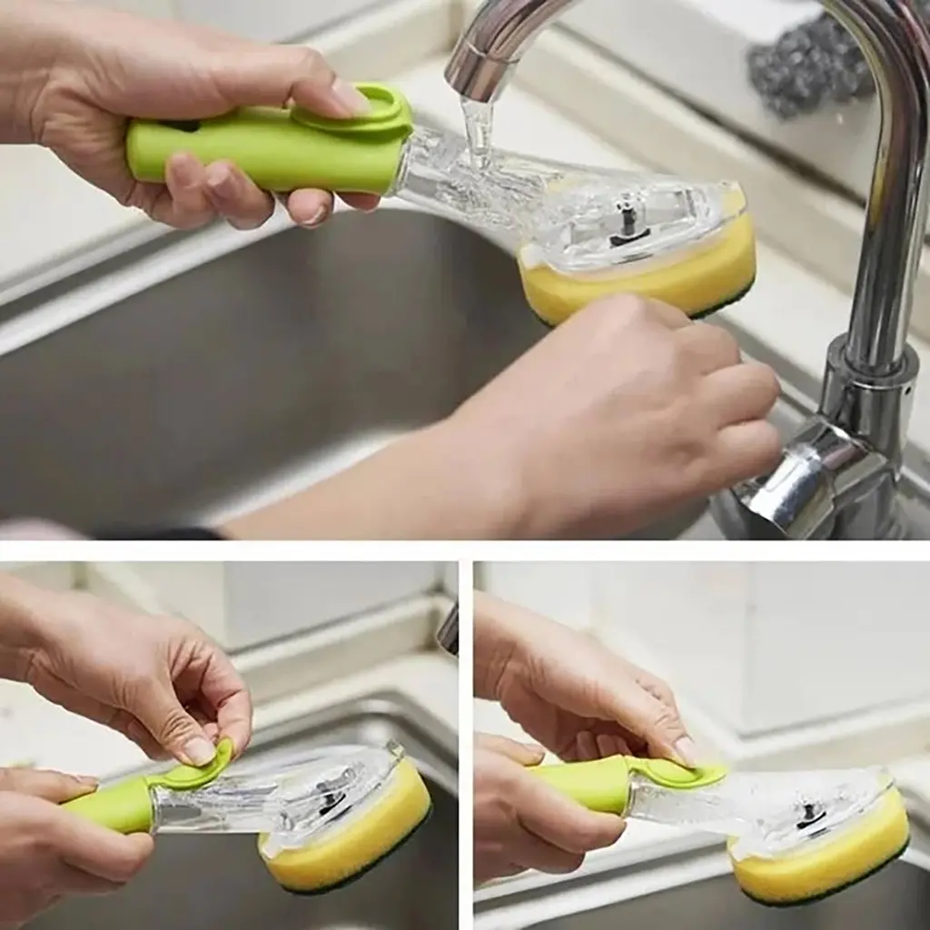 Щітка для миття посуду Rise-UP AUTOMATIC LIQUID CLEANING BRUSH із дозатором та насадками багатофункціональна, Kitchen Master Зелений 85889 - фото 3