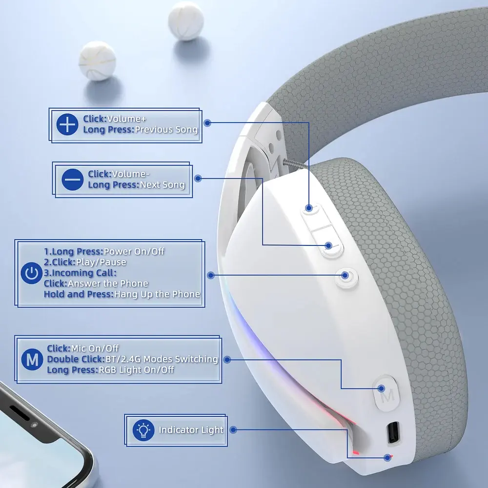 Ігрова гарнітура Attack Shark L90 Wireless,2.4GHz/Bluetooth/3.5mm PS4/PS5/Switch/Xbox/Mac/PC White - фото 5