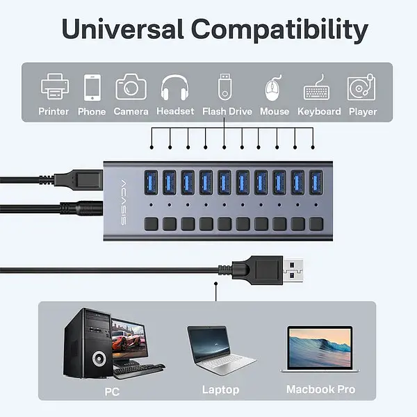 USB-хаб Acasis HS-710MG 10Gbps на 10 портів USB 3.1 з окремими перемикачами (Сірий) - фото 4