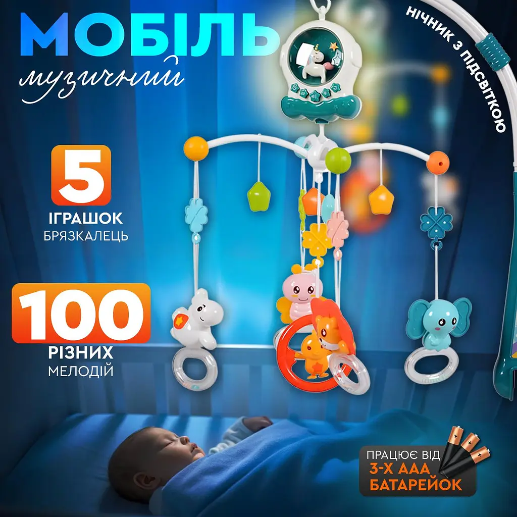 Мобіль на ліжечко Єдиноріжка, дитяча карусель для новонароджених немовлят мобілі 2 в 1 100 мелодій, колискові та звуки (HE0311) - фото 5