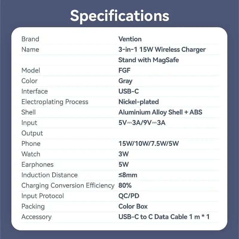 Зарядное устройство Vention 15W 3-in-1 Magnetic Wireless Fast Charger Gray (FGFH0) - фото 13