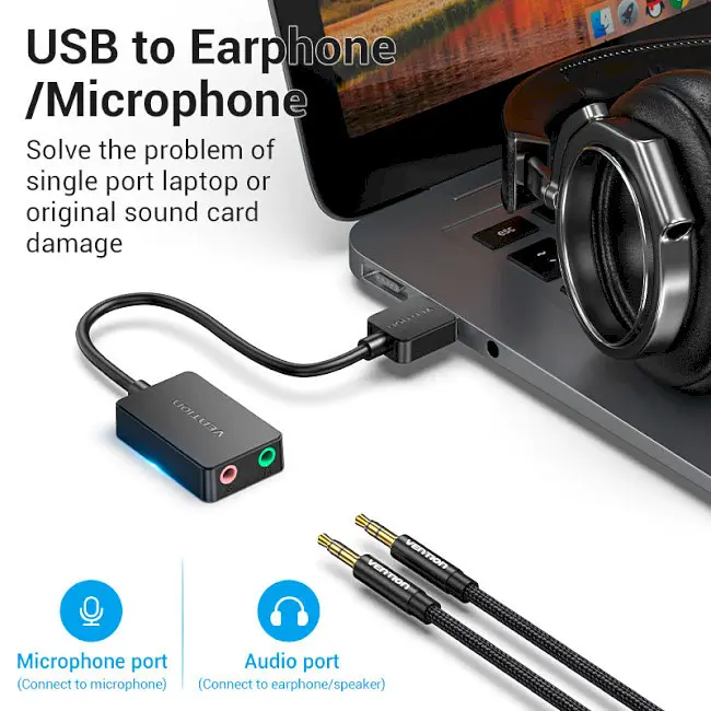 Адаптер Vention 2-port USB External Sound Card 0.15 м чорний (CDYB0) - фото 3