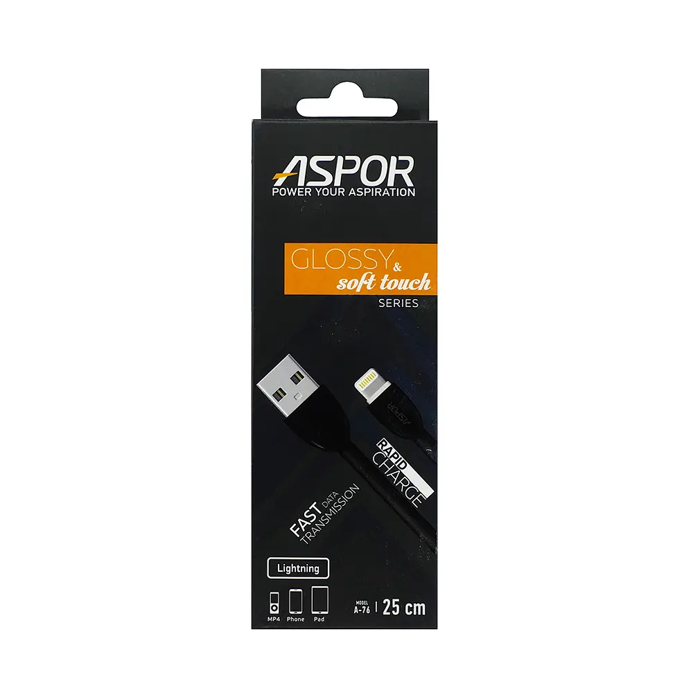 Кабель Aspor A76 глянсовий USB – Lightning для PB 2A/0.25м- чорний - фото 2