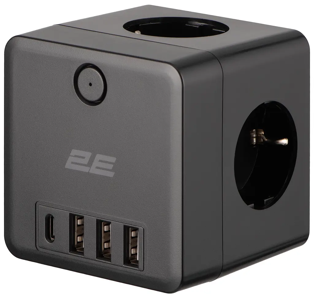 Адаптер сетевой 3xТипF 16A 2xUSB-A 1x USB-C фильтр черный 2E osv0002164 - фото 1