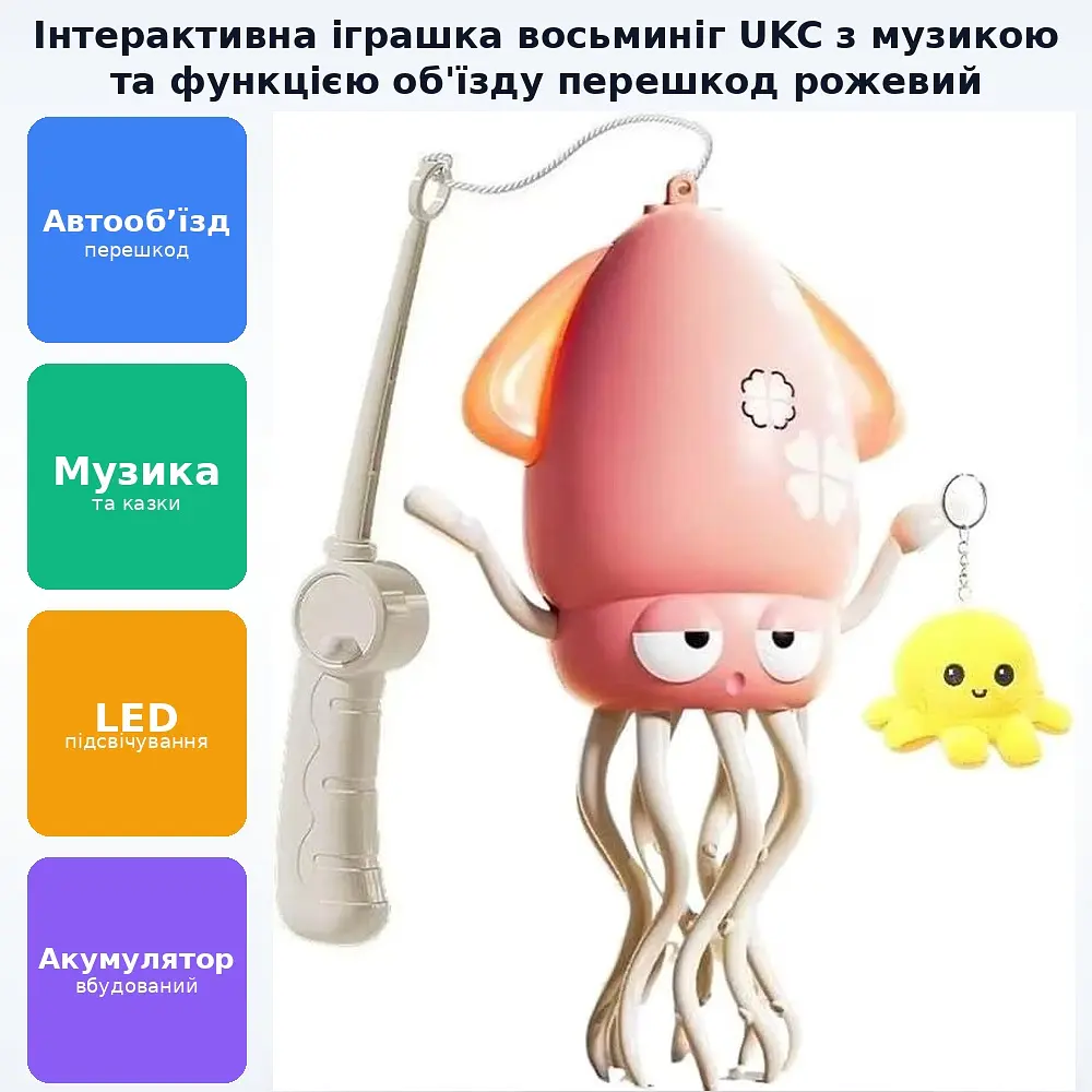 Інтерактивна дитяча іграшка акумуляторний танцювальний восьминіг бігаючий кальмар танцює ходить їздить обходить перешкоди музичний кальмарчик з функцією розпізнавання перешкод Induction Octopus UKC рожевий - фото 2