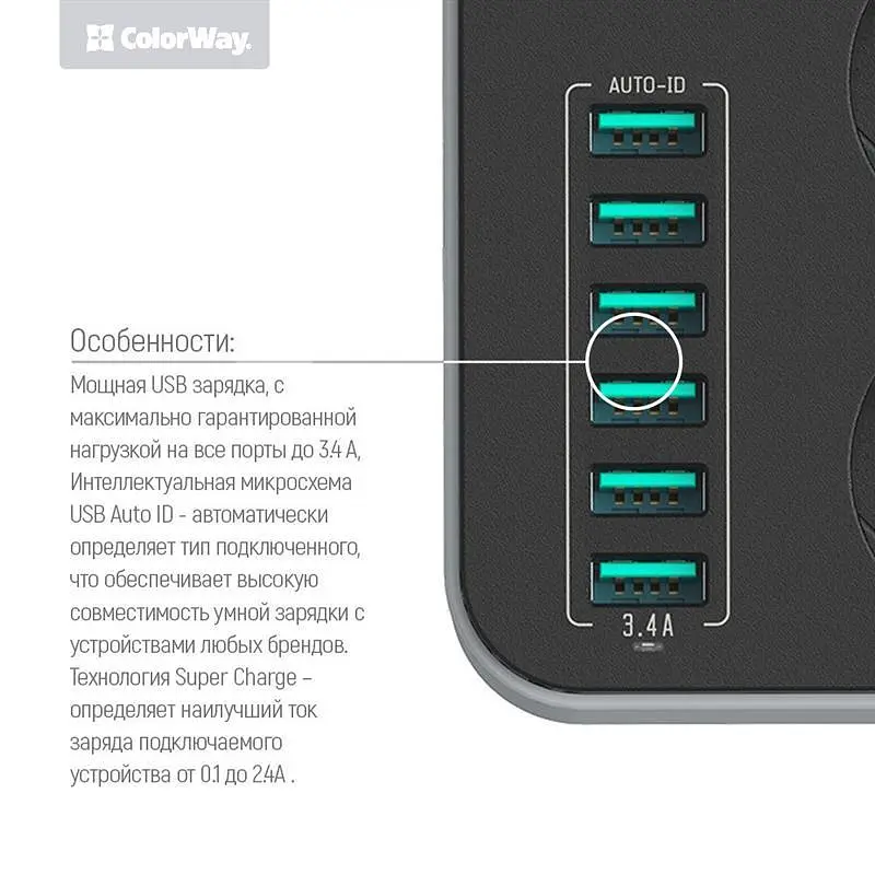 Фільтр живлення ColorWay CW-CHE36B 3 розетки, 6 USB, 1.8 м, чорний - фото 7