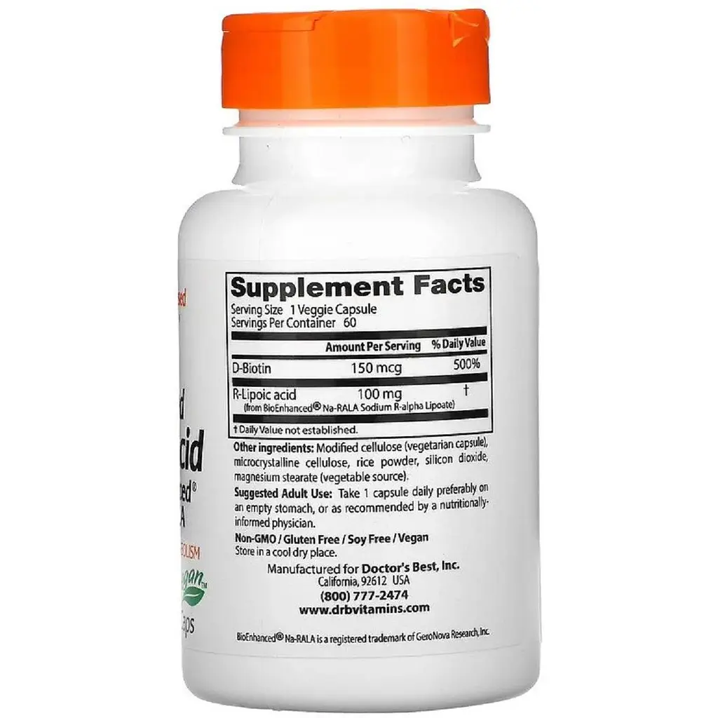 R-Ліпоєва кислота Doctor's Best R-Lipoic Acid 100 мг 60 капсул - фото 2