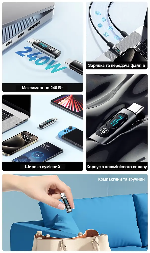 Переходник-измеритель Essager ES-OTG16 OTG Type-C F/M с дисплеем для быстрой зарядки и передачи данных - фото 3