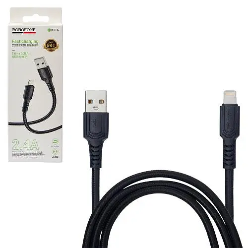 Кабель BOROFONE BX116BK, USB - Lightning 2.4А, 1m, Black (швидка зарядка/передача даних)