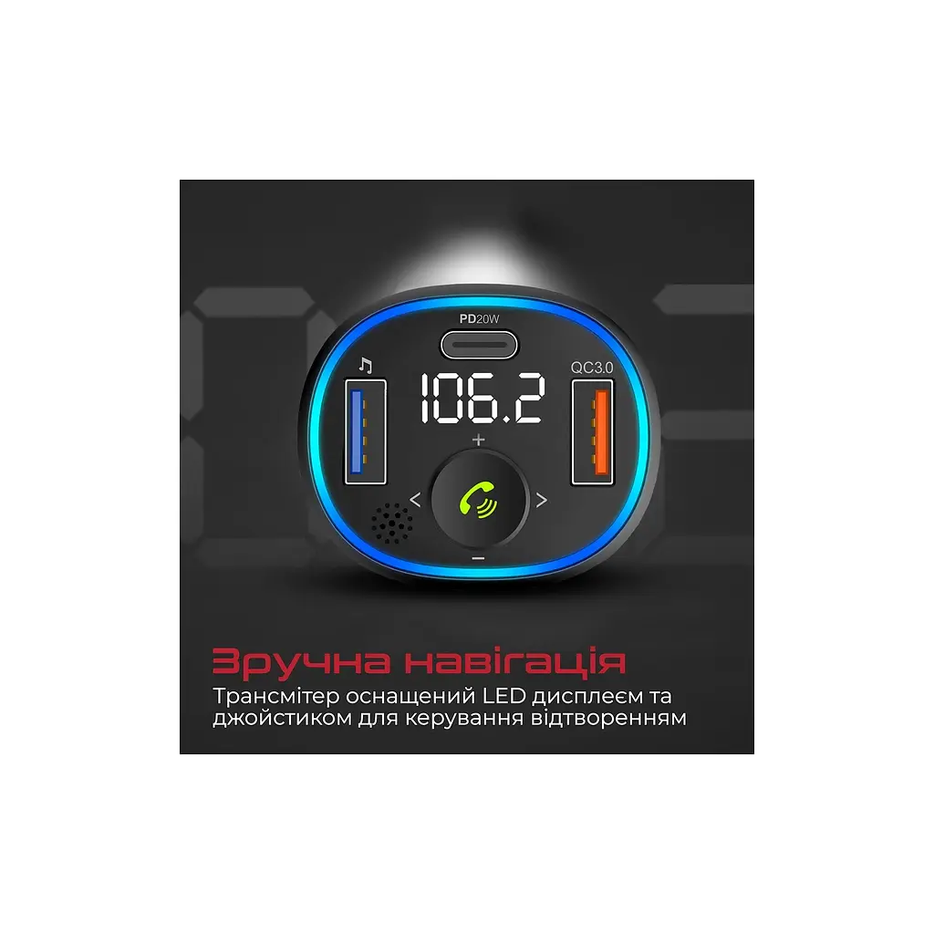 FM модулятор Promate PowerTune 38w USB-A OTG/USB-A QC3.0/USB-C PD чорний (powertune-38w\.black) - фото 6