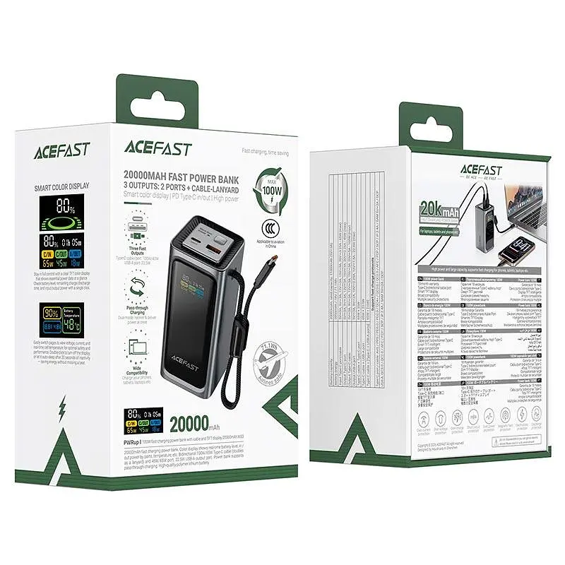 Універсальна мобільна батарея AceFast fast charging power bank with cable and TFT display M33 20000mAh |1USB/1Type-C, PD/QC, - фото 2