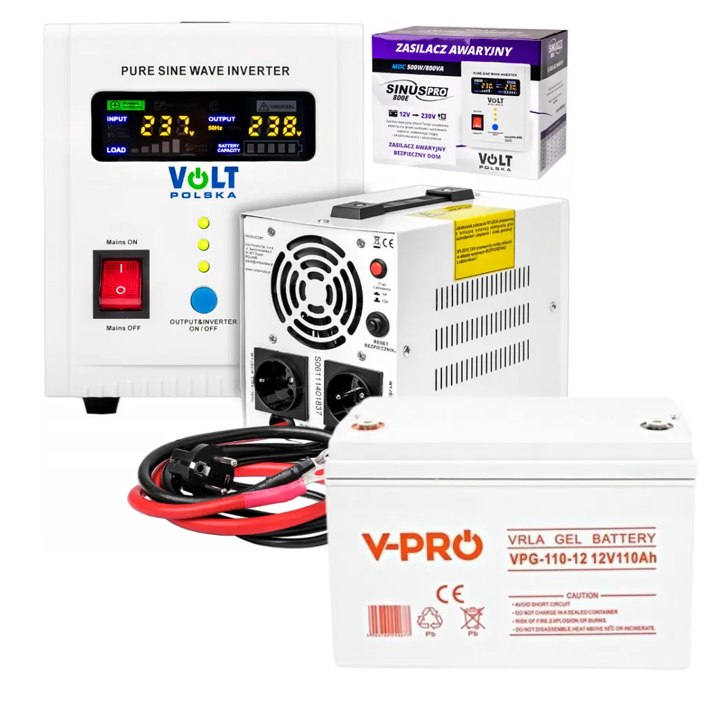 Аварійний комплект Volt Polska SINUS PRO 800 E 12/230V 500/800W + акумулятор VOLT GEL VPRO SOLAR 110Ah 12V