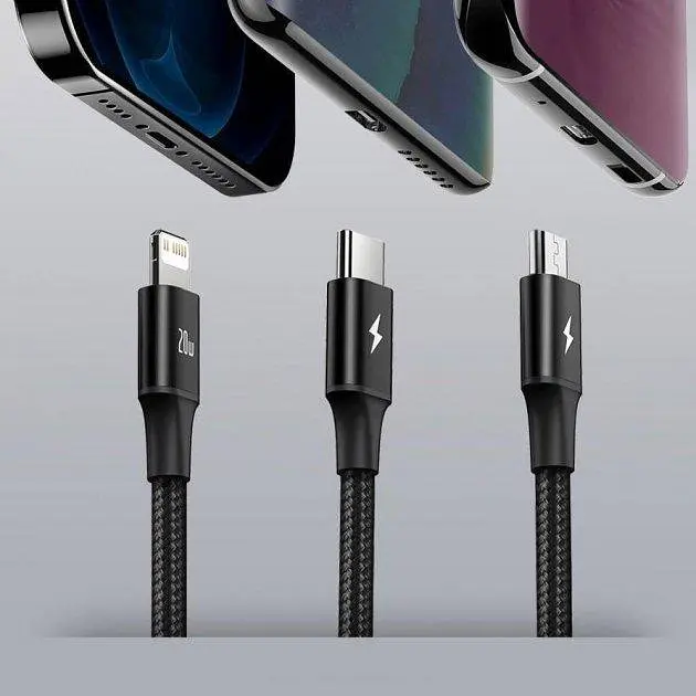 Кабель Baseus Rapid Series 3-in-1 Cable Type-C to Type-C/Lightning/MicroUSB PD 20W 1.5m CAMLT-SC01 Black - фото 6