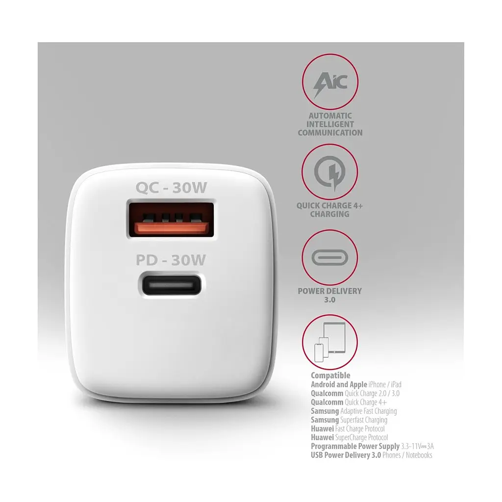 Зарядний пристрій AXAGON 1xUSB QC4.0 + 1xUSB-C PD30W PPS white (ACU-PQ30W) - фото 5